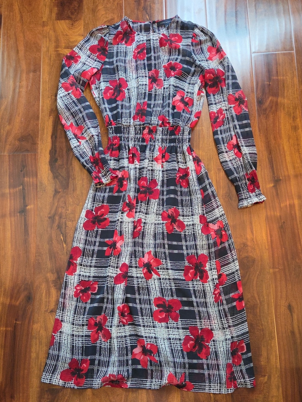 Tommy Hilfiger Smocked Waist Chiffon Plaid Print Midi Dress